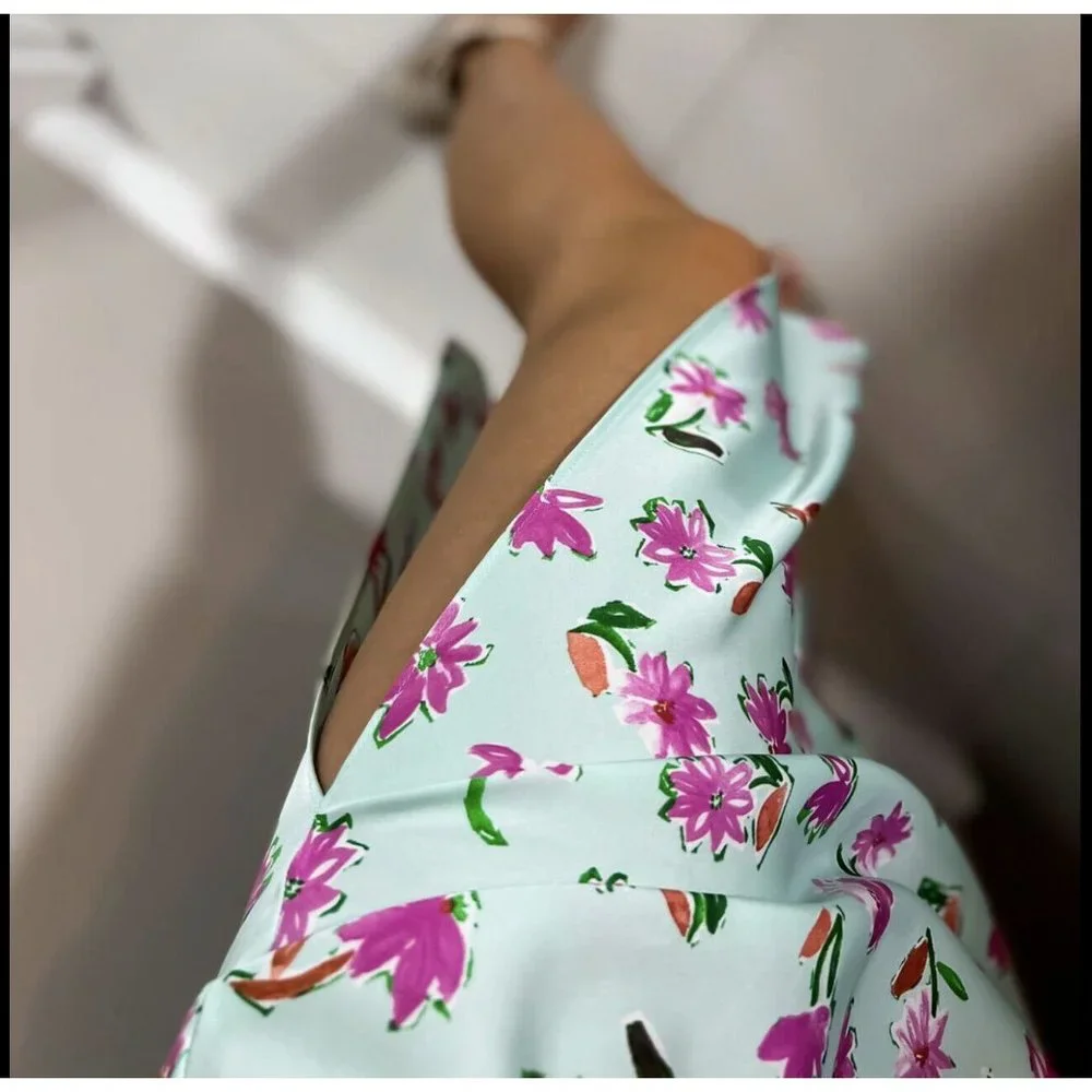 ZARA GREEN FLORAL PRINT SATIN MIDI DRESS WITH RUFFLE TRIMS SIZE S, NWT SS22 - Picture 5 of 10